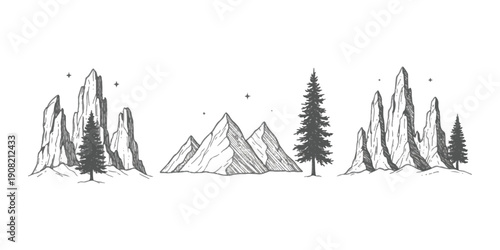 Hand-drawn illustration of various mountain landscapes with pine trees and rock formations.