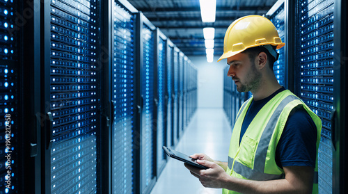 Man with laptop in server room. System administrator for industrial companies. Guy with computer. Server racks emit neon light. Maintenance industrial server equipment. Man in helmet in data center