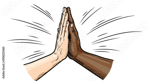 Dynamic illustration of two diverse hands high-fiving, symbolizing unity, teamwork, success, and collaboration. Represents partnership, friendship, and mutual respect.