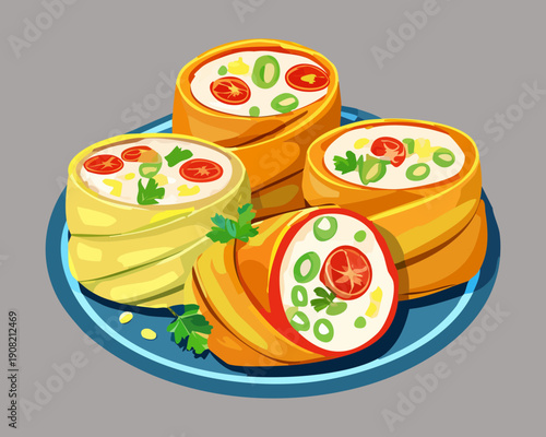 Plate of golden brown spring rolls with vegetable filling served as a popular asian appetizer dish - Vector Illustration