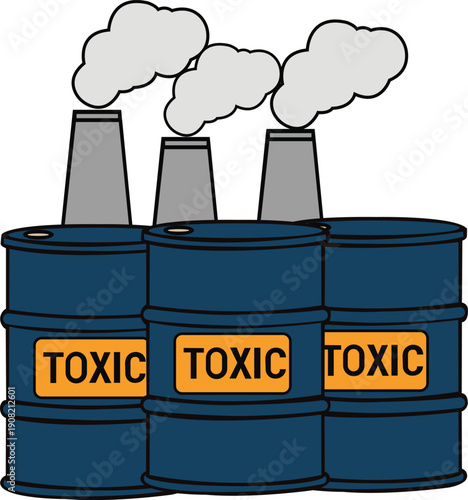 Toxic Industry: Illustration of three blue industrial barrels, labeled TOXIC, positioned in front of smokestacks, symbolizing environmental pollution and the impact of hazardous substances.