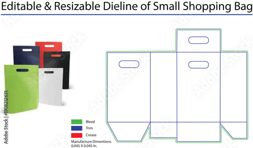 Editable Resizable Dieline of Small Shopping Bag with Color- Coded Bleed Trim and Crease Lines