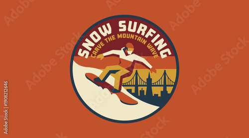 Vintage-inspired illustration of a snowboarder enjoying a thrilling mountain descent near a coastal metropolis