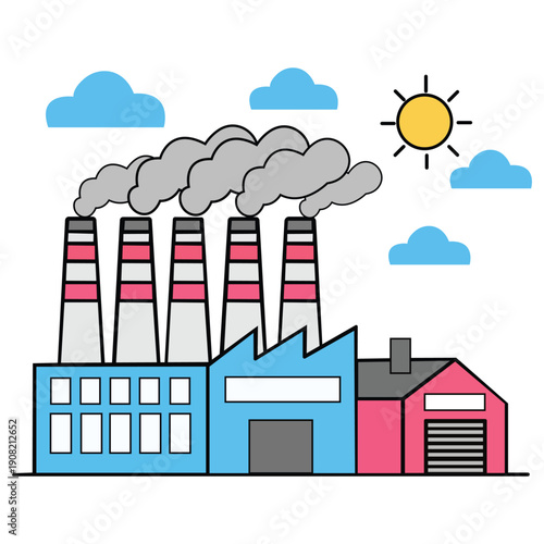 Industrial Emissions: An illustrative depiction of a factory with smokestacks releasing fumes into the atmosphere, set against a backdrop of clouds and sun, representing industrial emissions.