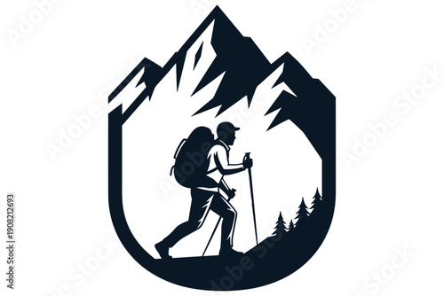 Dynamic vector emblem showcasing a determined hiker ascending a majestic mountain peak, symbolizing adventure, perseverance, and the boundless spirit of outdoor exploration and journey