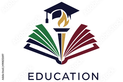 Symbolic representation of education and learning, featuring an open book with a torch and graduation cap, illustrating knowledge acquisition and academic achievement