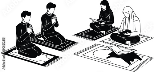 Four people praying and reading religious books on prayer mats in a serene setting