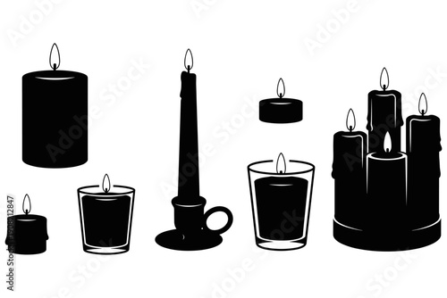 Collection of various candle types and sizes with glowing flames, showcasing different designs including pillar, votive, and tapered candles