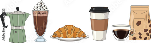 Coffee and breakfast illustration set including moka pot, latte, croissant, takeaway cup and coffee beans in flat vector style