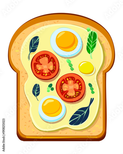 Thick slice of bread topped with fried egg and fresh tomatoes for a nutritious breakfast dish - Vector Illustration