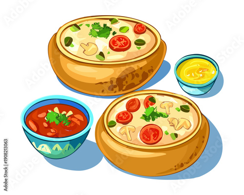 Three bowls of vegetable soup and creamy dips served together for a complete healthy lunch meal - Vector Illustration