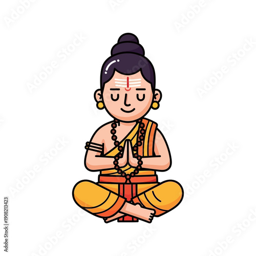 Cartoon Hindu boy meditating in lotus position, prayer hands, namaste gesture