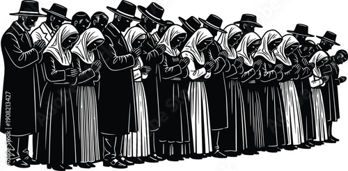 Group of people in traditional clothing standing in a line with hands clasped in front of them