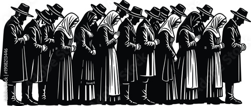 Group of people in traditional clothing standing in a line holding hands and bowing their heads in prayer