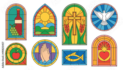 Stained glass church windows set outline vector artwork, ornamental religious interior frames, decorative geometric patterns, cathedral design, flat vector illustration.