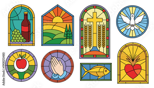 Stained glass church windows set outline vector artwork, ornamental religious interior frames, decorative geometric patterns, cathedral design, flat vector illustration.