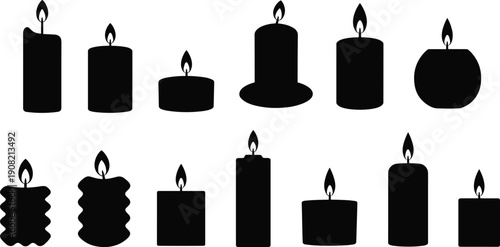 Set of burning candle silhouettes, various shapes and sizes, black vector icons for spa, decor, relaxation, meditation, home lighting