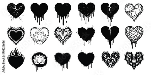 A collection of black hearts with graffiti, grunge, and dripping paint effects on a white background.