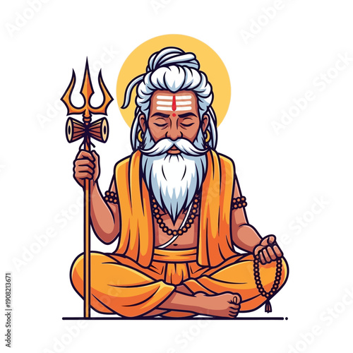 Meditating Sadhu with Trident and Prayer Beads, Indian Monk Illustration