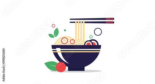 Noodle bowl with chopsticks on white