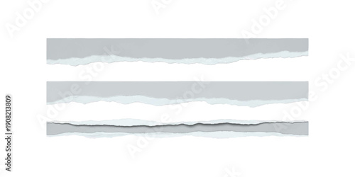Three horizontal torn paper strips in light gray color on a white background, useful for design elements