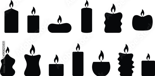 Set of candle silhouettes with flame, various wax shapes, decorative burning candles, black vector icons for spa, meditation, relaxation