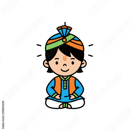 Cute cartoon boy in traditional Indian attire, turban, and tilak