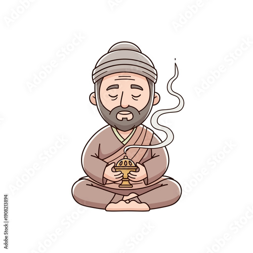 Cartoon Monk Meditating with Incense Burner, Zen Buddhism, Spiritual Practice