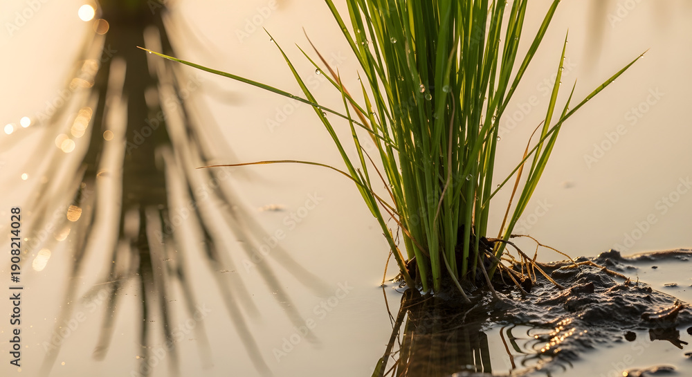 Fototapeta premium Tranquil Sunset Reflecting on the Still Waters of a Rice Terrace