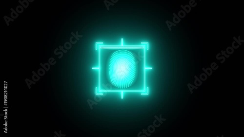 A bright blue fingerprint scanner, fingerprint scanner, with laser lines intersecting on a dark background for identification.