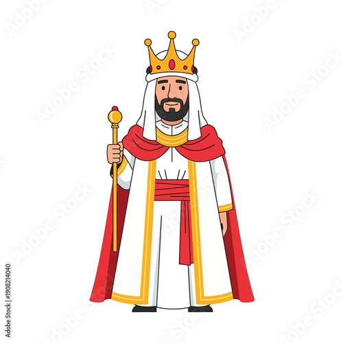 Cartoon King with Crown and Scepter, Royal Figure in White and Red Robe