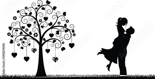 Silhouette of a couple dancing under a decorative tree with hearts and flowers