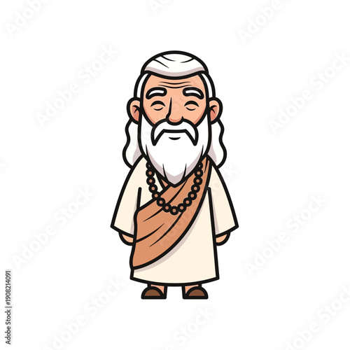 Cartoon ancient wise man with beard and prayer beads, isolated on white background.
