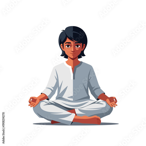 Young person meditating in lotus pose, calm, spiritual, healthy lifestyle cartoon