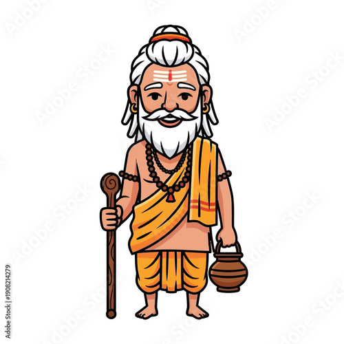 Cartoon Indian Sadhu holding stick and water pot, white background