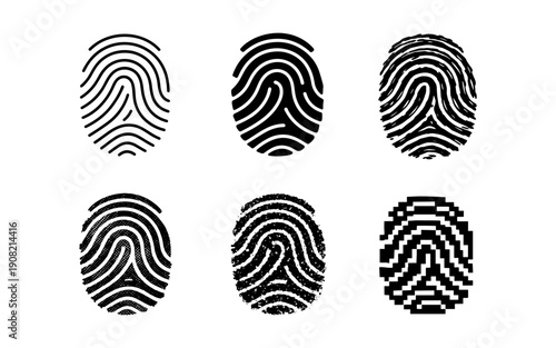 Collection of six distinct fingerprint icons representing different identification methods and styles