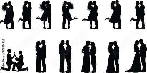 Silhouettes of couples in romantic poses and a man proposing on one knee embrace kiss