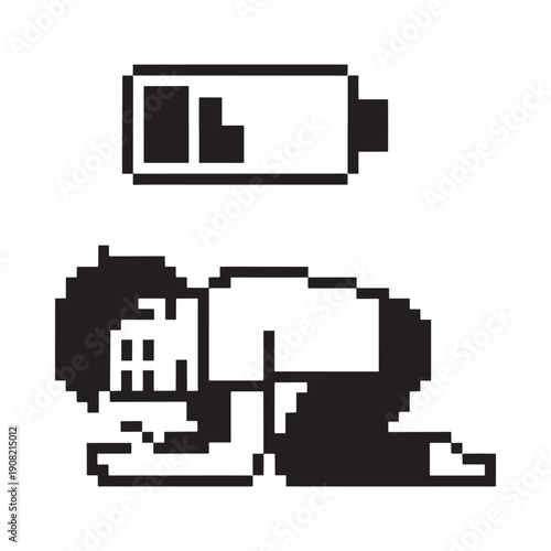 Pixelated illustration depicts exhaustion with a low battery symbol