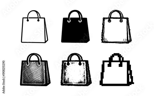 Collection of six shopping bag icons in various artistic styles and textures
