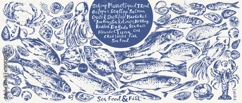 Hand drawn ink sketch of seafood, fish for menu background. Octopus, squid, lobster, crab, oyster, prawn, shrimp, mussel, salmon, tuna, dorado, trout, sardine