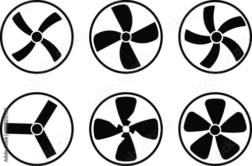 Six black fan with varying blade counts and shapes on white background symbol circular