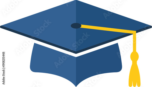 Flat blue graduation cap with yellow tassel on white background mortarboard academic cap