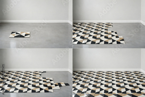Empty room interior geometric tile floor installation time lapse