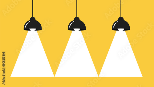 Three black pendant lights casting bright white spotlights on a yellow background black lamps