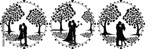 Three black and white silhouettes of couples kissing under leafy trees in circular frames with heart patterns