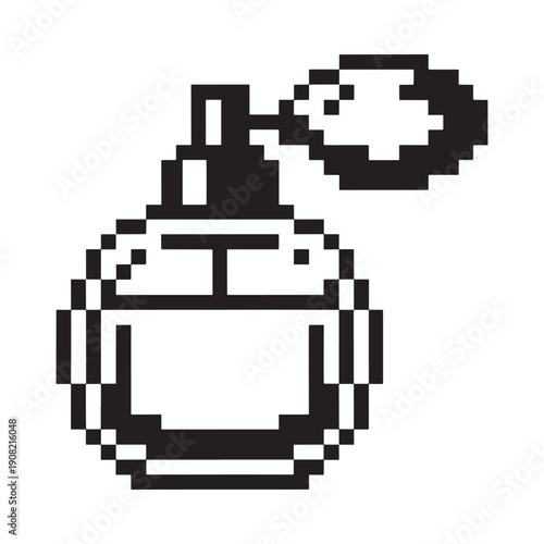Pixelated illustration of a perfume bottle with spray effect