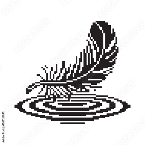 A simple black and white illustration of a feather and water ripples