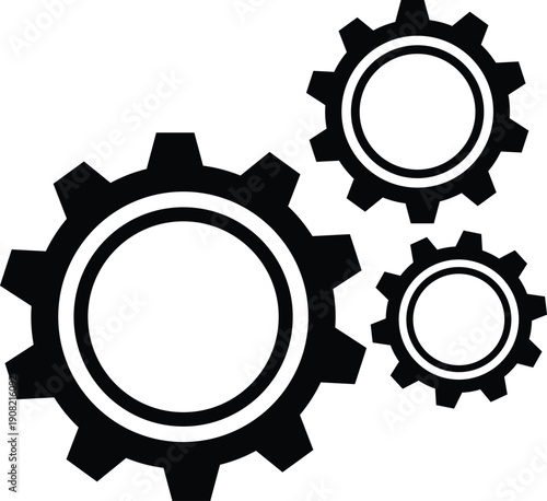 Three black interlocking gears on a white background representing mechanics machinery industrial