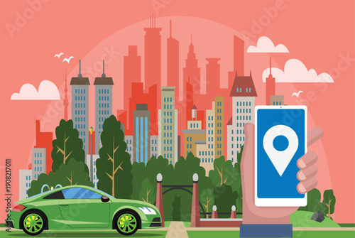 modern flat vector illustration of an online taxi booking service. The image features a bright orange taxi car parked in front of a bustling city skyline with skyscrapers and a clear blue sky.