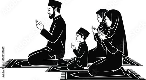 Muslim family praying together on prayer mats, black and white vector illustration for religious and cultural content.